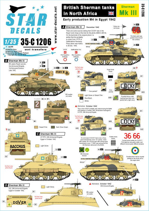 スターデカール 35-C1206 1/35 WWII イギリス陸軍 北アフリカでのイギリス陸軍所属のシャーマンMkIII エジプトへ展開した初期生産型のM4シャーマン(1942年)
