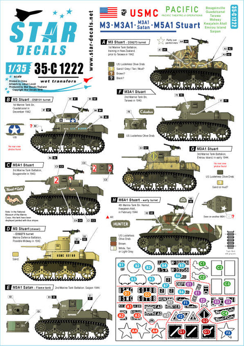 スターデカール 35-C1222 1/35 WWII アメリカ 太平洋戦線に於けるアメリカ海兵隊所属のM3&M3A1とM5A1スチュアート