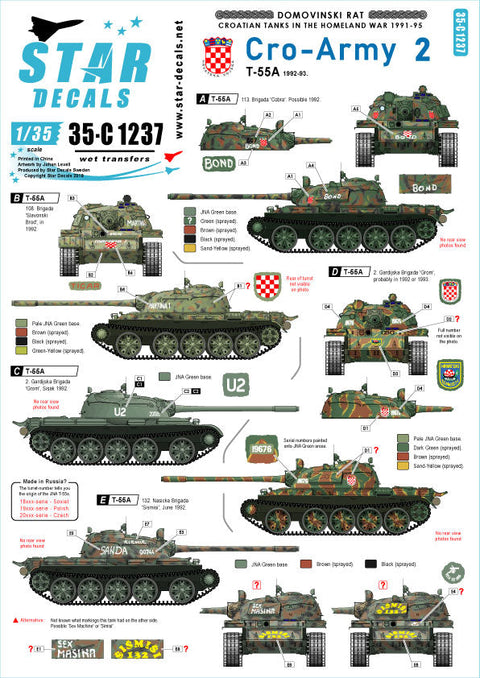 スターデカール 35-C1237 1/35 現用 バルカン半島 クロアチア陸軍#2 祖国戦争でのT-55 クロアチア1992-93年
