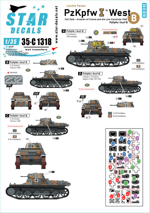 スターデカール 35-C1318 1/35 西部戦線でのI号戦車 I号戦車B型 フォールゲルブ -フランスと低地諸国侵攻作戦 1940