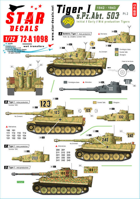 スターデカール 72-A1098 1/72 WWII ドイツタイガーI 第503重戦車大隊#2 1942-43 極初期型 初期型 中期型
