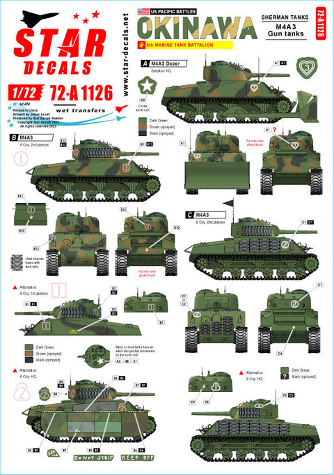 スターデカール 72-A1126 1/72 WWII アメリカ 太平洋戦線 沖縄 USMC M4A3 シャーマン戦車