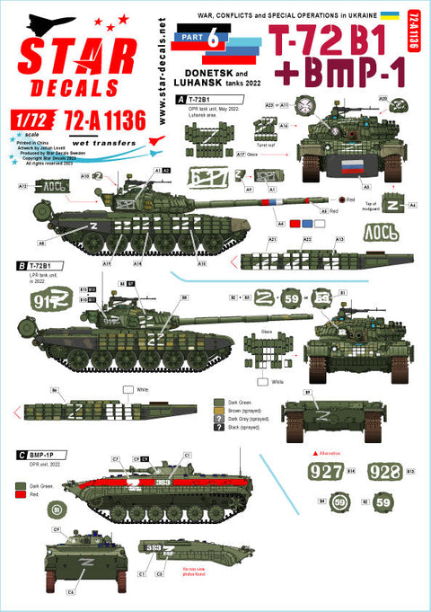 スターデカール 72-A1136 1/72 ウクライナの戦争#6 ドネツク共和国/ルガンスク共和国 T-72B1主力戦車 BMP-1歩兵戦闘車(2022年)