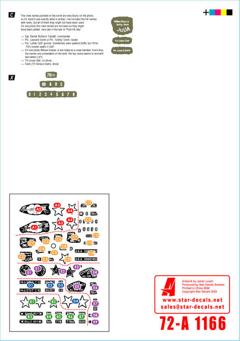 スターデカール 72-A1166 1/72 1944-45年ヨーロッパにおける米軍M4A3(76)「サンダーボルト」・「クール・スタッド社」など第25/第37/第761/第778戦闘車大隊
