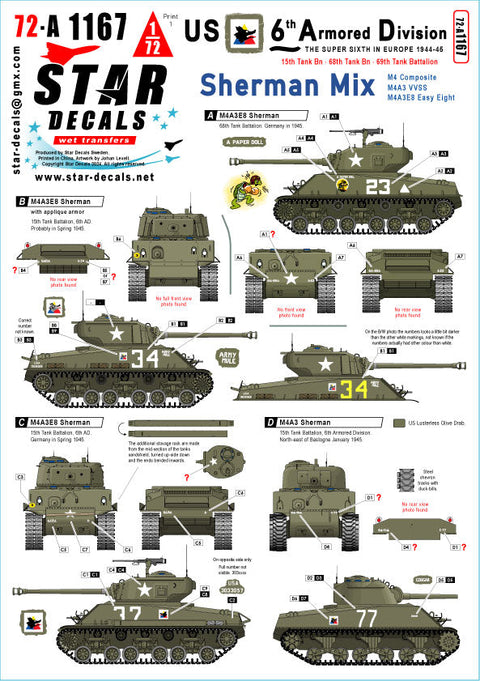 スターデカール 72-A1167 1/72 アメリカ第 6 機甲師団 # 1シャーマン ミックスM4 コンポジット・M4A3・M4A3E8