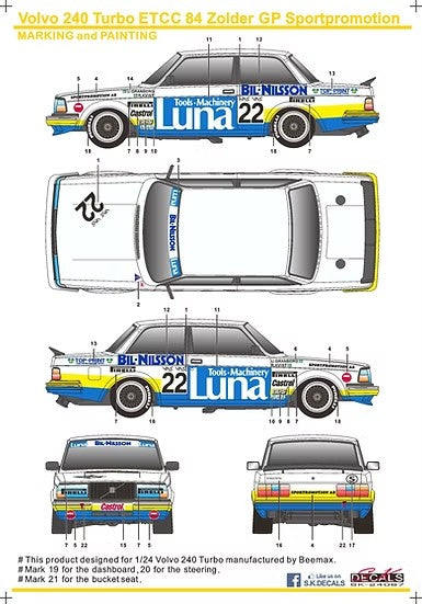 SKデカール SK24067 1/24 ボルボ 240 ターボ ETCC 84 Zolder GP スポーツプロモーション