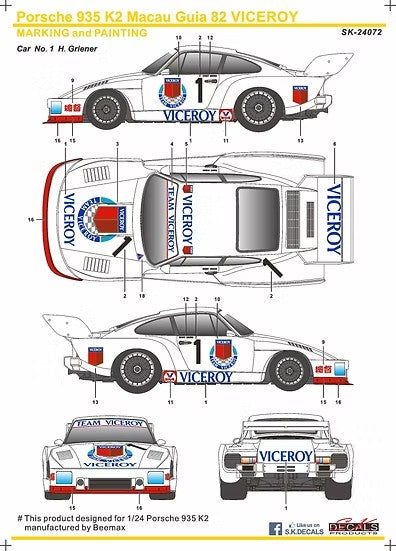 SKデカール SK24072 1/24 クレマー ポルシェ 935 K2 マカオ ギア 82 VICEROY