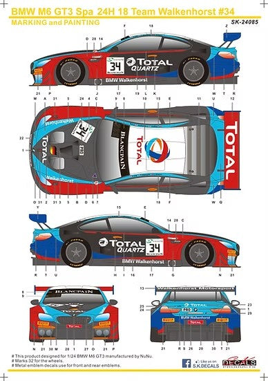 SKデカール SK24085 1/24 BMW M6 GT3 Spa 24H 18 チーム ウォルケンフォルスト #34
