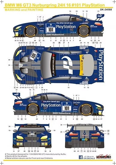 SKデカール SK24088 1/24 BMW M6 GT3 ニュルブルクリンク24時間レース 16 チーム ウォルケンフォルスト #101
