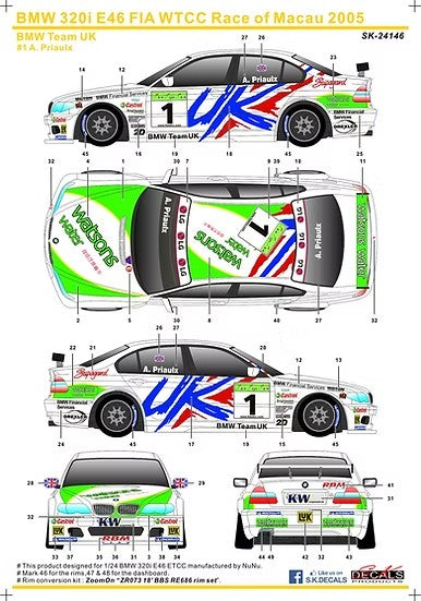 SKデカール SK24146 1/24 BMW 320i E46 世界ツーリングカー選手権 of マカオ 2005 BMW チーム UK