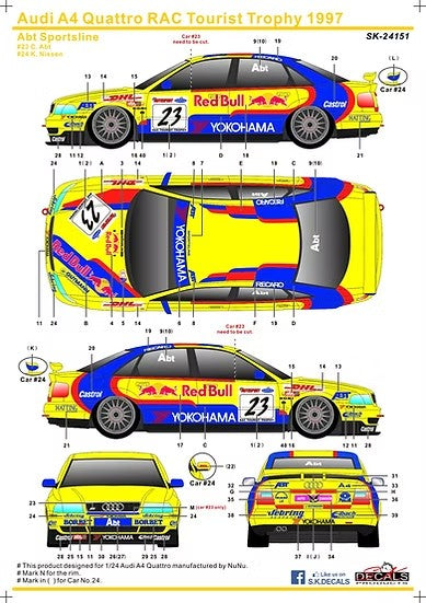 SKデカール SK24151 1/24 アウディ A4 クアトロ RACツーリストトロフィー 1997 Abt Sportline