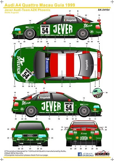 SKデカール SK24154 1/24 アウディ A4 クアトロ スーパーツーリングワゴンカップ 1999 Jever アウディ-チーム AZK Phoenix
