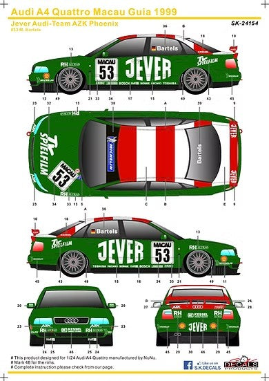SKデカール SK24154 1/24 アウディ A4 クアトロ スーパーツーリングワゴンカップ 1999 Jever アウディ-チーム AZK Phoenix