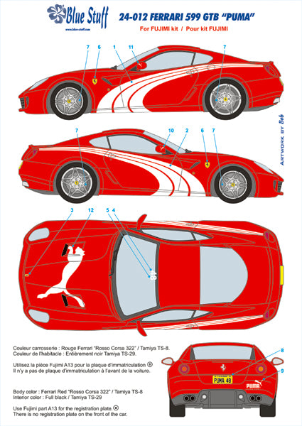 ブルースタッフ BS 24-012 1/24 フェラーリ 599GTB "プーマ" - 1/24デカール フジミRS-50 / 12227 / 12309