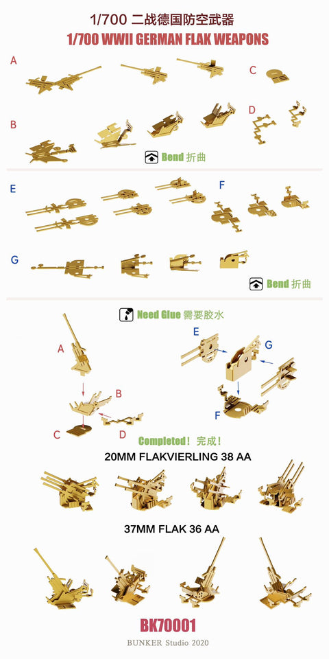 バンカースタジオ BK70001 1/700 WWIIドイツ 3.7cmFlaK36対空砲,2cmFlaK38四連装対空砲(エッチング)