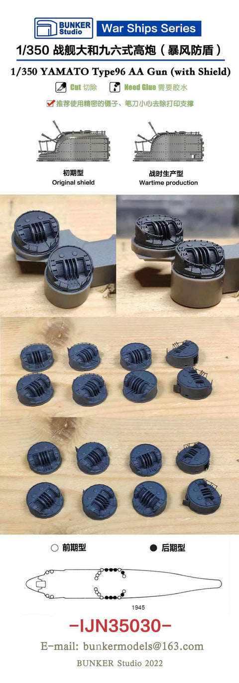 バンカースタジオ IJN35030 1/350 WWII 日本海軍 九六式25mm三連装機銃 シールド付き(前期型16基,後期型8基入り)(タミヤ78025用)