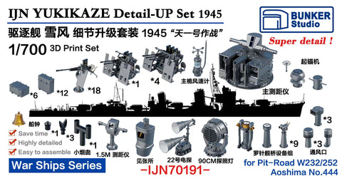 バンカースタジオ IJN70191 1/700 WWII日本海軍 駆逐艦 雪風 ディティールアップセット 1945年 天一号作戦 バリューパック(ピットロードW232/252/アオシマ444用)