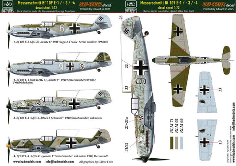 HADモデル DW-72015 1/72 メッサーシュミット Bf 109 E-1; E-2;E-3 デカールシート