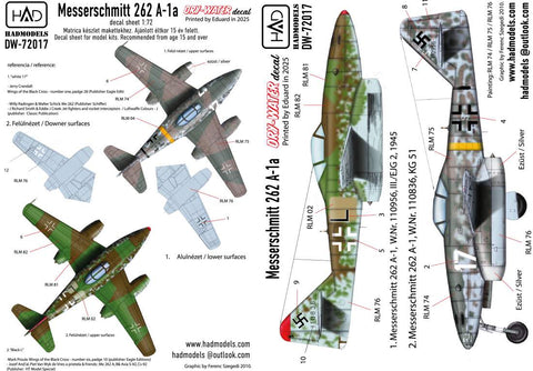 HADモデル DW-72017 1/72 メッサーシュミット Me 262 A-1 (Luftwaffe ブラック”L”, ホワイト17) デカールシート