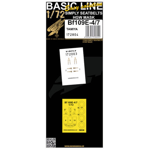 HGW 172804 1/72 Bf109E-4/7 BASIC LINE: seatbelts + masks | Tamiya