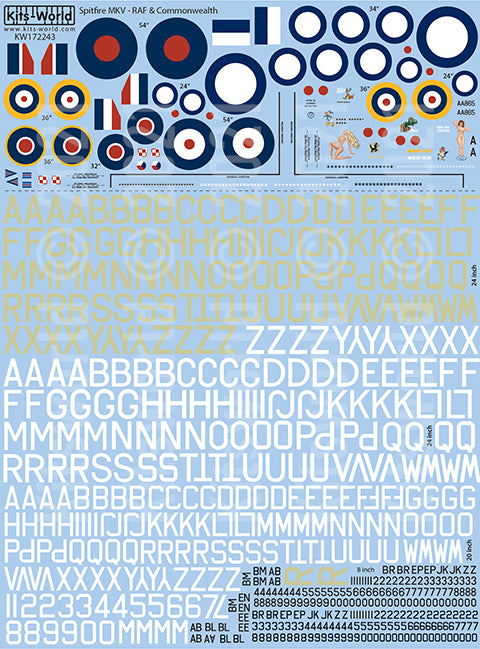Kitsworld KW172243 1/72 This sheet includes nose-art, roundels, fin-flashes, lettering and numbers for the widely used MKV Spitfire