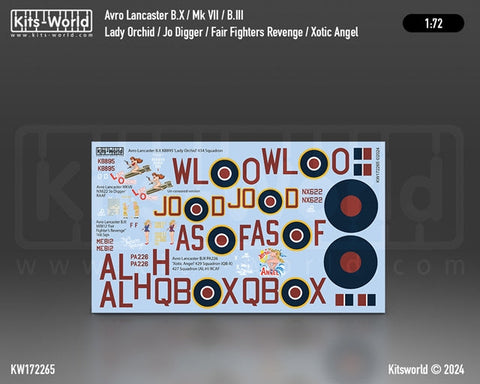 キッツワールド KW172265 1/72  オーストラリア空軍のアブロランカスター B.X KB895「レディ オーキッド」第 434 飛行隊。MKVII NX622「ジョー ディガー」RAAF…