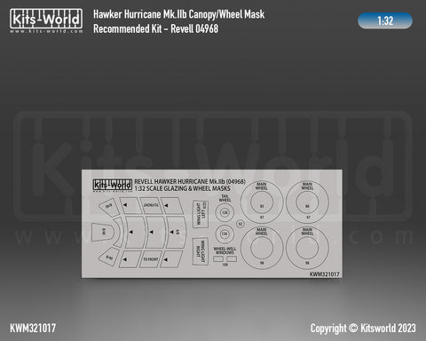 Kitsworld KWM321017 1/32 1:32 scale Hawker Hurricane MkII Canopy/Wheel Masks Recommended Kit - Revell 04968