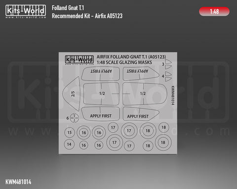Kitsworld KWM481014 1/48 1:48 scale Folland Gnat T.1 Canopy/Wheel Masks Recommended Kit - Airfix (A05123).