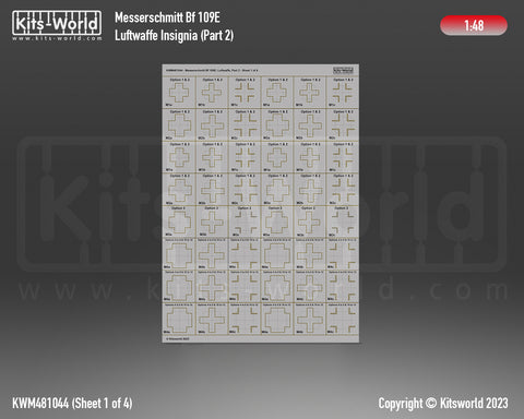 Kitsworld KWM481044 1/48 1:48 scale  Bf 109E Luftwaffe Part Two (4 part mask set plus decal sheet).
