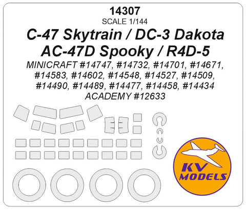 KVモデル 14307 1/144 C-47 スカイトレイン / DC-3 ダコタ / AC-47D Spooky / R4D-5 (アカデミー/ミニクラフト) + ホイール キャノピーマスキングシート