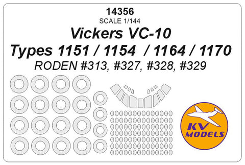 KVモデル 14356 1/144 ヴィッカース VC-10 タイプ 1151 / 1154 / 1164 / 1170 (ローデン #313, #327, #328, #329) + ホイール キャノピーマスキングシート