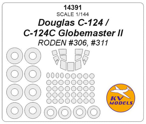 KVモデル 14391 1/144 ダグラス C-124 / C-124C グローブマスター II (ローデン #306, #311) with the side windows on fuselage masks andホイール キャノピーマスキングシート