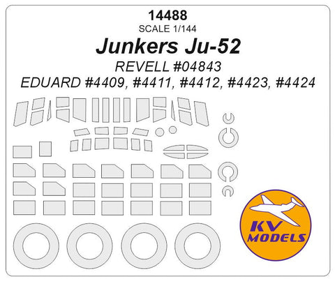 KVモデル 14488 1/144 Ju-52 / Ju-52/3m (レベル #04843 / エデュアルド #4423, #4424) + ホイール キャノピーマスキングシート