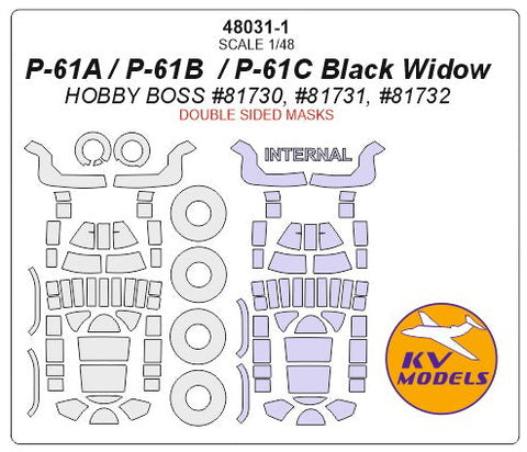 KVモデル 48031-1 1/48 P-61A / P-61B / P-61C ブラックウィドウ (ホビーボス #81730, #81731, #81732) - (内外両面) + ホイール キャノピーマスキングシート