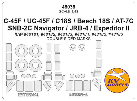 KVモデル 48038 1/48 C-45F / UC-45F / C18S / Beech 18S / AT-7C / SNB-2C ナビゲーター / JRB-4 / Expeditor II (ICM/レベル) - (内外両面) + ホイール キャノピーマスキングシート