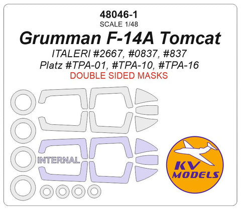 KVモデル 48046-1 1/48 グラマン F-14A トムキャット (イタレリ #2667, #0837, #837 / Platz #TPA-01, #TPA-10, #TPA-16) - 内外両面 + ホイール キャノピーマスキングシート
