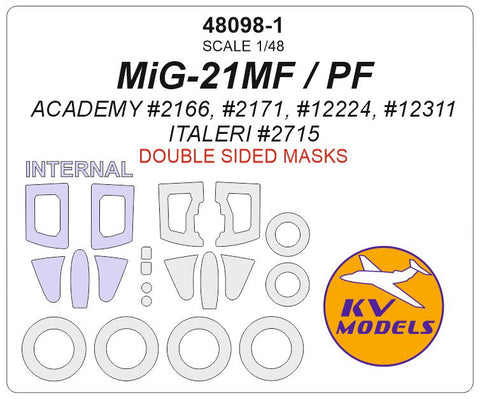KVモデル 48098-1 1/48 MiG-21MF / PF (アカデミー #2166, #2171, #12224, #12311 / イタレリ #2715) - (内外両面) +ホイール キャノピーマスキングシート