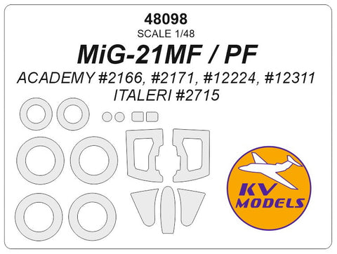 KVモデル 48098 1/48 MiG-21MF / PF (アカデミー #2166, #2171, #12224, #12311 / イタレリ #2715) +ホイール キャノピーマスキングシート