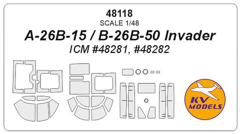 KVモデル 48118 1/48 A-26B-15 / B-26K / A-26В / B-26B-50 インベーダー (ICM #48279, #48281, #48282, #48285) + ホイール キャノピーマスキングシート