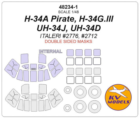 KVモデル 48234-1 1/48 H-34A パイレーツ, H-34G.lll, UH-34J, UH-34D (イタレリ #2776, #2712) - 内外両面 + ホイール キャノピーマスキングシート