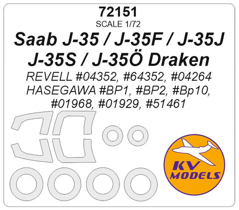 KVモデル 72151 1/72 サーブ J-35 / J-35F / J-35J / J-35S / J-35Ö ドラケン (レベル/ハセガワ) +ホイール キャノピーマスキングシート