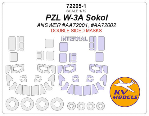 KVモデル 72205-1 1/72 PZL W-3A ソクウ (ANSWER #AA72001, #AA72002) - 内外両面 + ホイール キャノピーマスキングシート