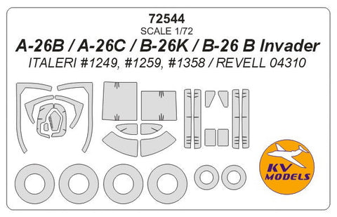 KVモデル 72544 1/72 A-26B / A-26C / B-26K / B-26 B インベーダー (イタレリ #1249, #1259, #1358 / レベル 04310) + ホイール キャノピーマスキングシート