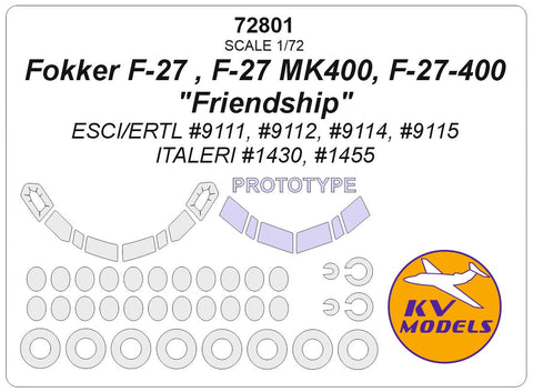 KVモデル 72801 1/72 フォッカー F-27 , F-27 MK400, F-27-400 "フレンドシップ" (ESCI/ERTL/イタレリ) + ホイール キャノピーマスキングシート