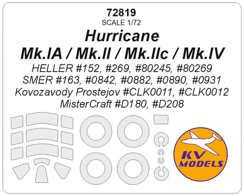 KVモデル 72819 1/72 ハリケーン Mk.IA / Mk.II / Mk.IIc / Mk.IV (エレール/SMER/Kovozavody Prostejov/ミスタークラフト) + ホイール キャノピーマスキングシート