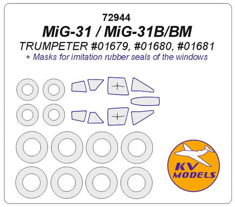 KVモデル 72944 1/72 MiG-31 / MiG-31B / MiG-31M (トランぺッター #01679, #01680, #01681) + ホイール キャノピーマスキングシート