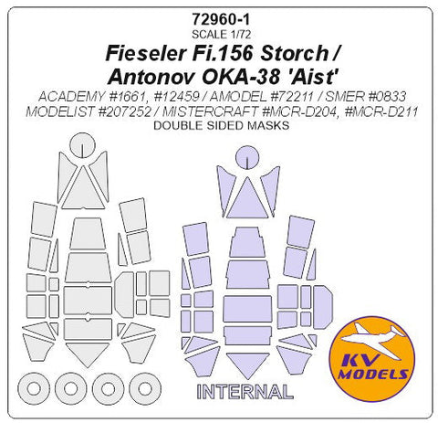 KVモデル 72960-1 1/72 フィーゼラー Fi.156 シュトルヒ / アントノフ OKA-38 'Aist' (アカデミー/Aモデル/SMER/モデリスト/ミスタークラフト) - (内外両面) + ホイール キャノピーマスキングシート