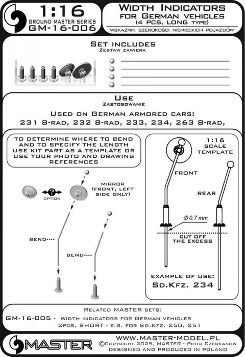 マスター GM-16-006 1/16 ドイツ車両の車幅表示器 (4ピース, ロング - Sd.Kfz. 234用)