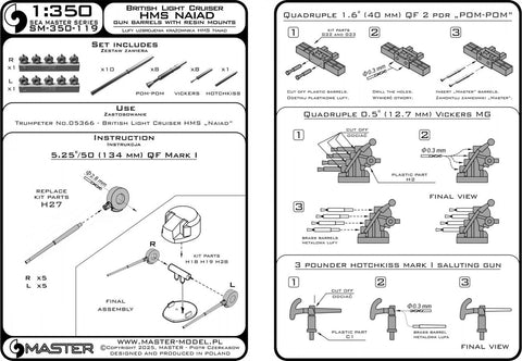 マスター SM-350-119 1/350 HMS ナイアド 砲身 - 5,25in (10個), 40mm POM-POM (8個), ヴィッカース .50cal (8個) ,オチキス 礼砲 (トランぺッター用)