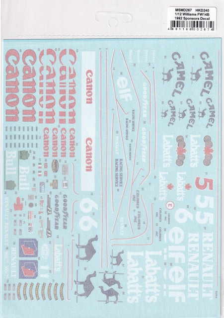 MSMクリエイション MSMD267 1/12 ウイリアムズ  FW14B 1992 スポンサーデカール（タミヤ用）